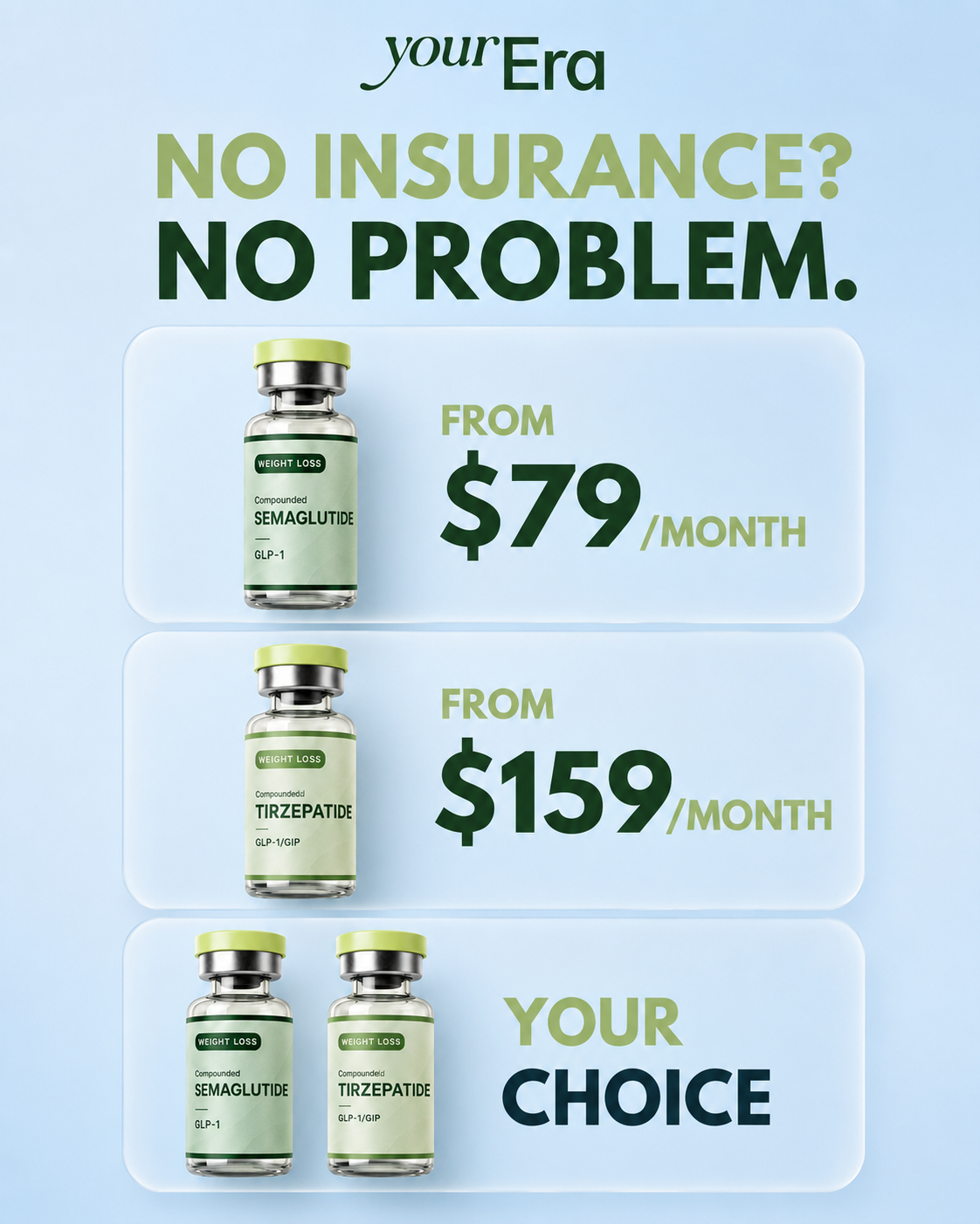 YourEra Meta ad: No insurance, no problem, semaglutide and tirzepatide pricing